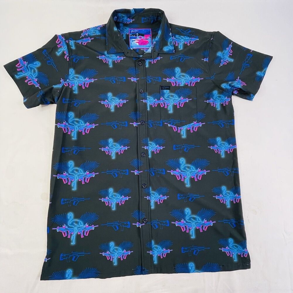 Retro Rifle Shirt Mens Large Black Mingo 2 Flamingo Gun Short Sleeve Button Up